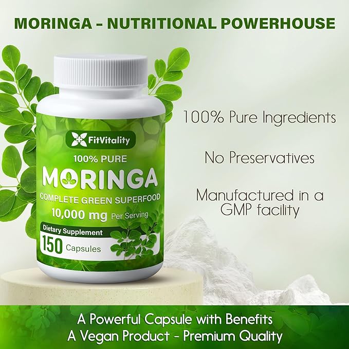 Moringa Capsules| 150 Capsules| Moringa Oleifera| 10,000mg| 100% Pure & Natural| Non-GMO and Gluten Free Supplement | Complete Green Superfood | Moringa Leaf Extract Powder