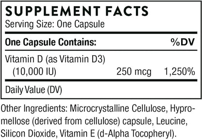 THORNE Vitamin D3 Supplement - Supports Healthy Bones, Teeth Muscles, Cardiovascular, and Immune Function - Gluten-Free, Dairy-Free, Soy-Free - 10,000 IU - 60 Capsules