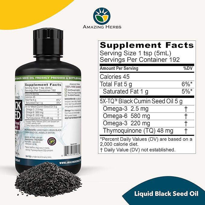 Amazing Herbs Premium Black Seed Oil - Cold Pressed Nigella Sativa Aids in Digestive Health, Immune Support, Brain Function, Joint Mobility, Gluten Free, Non GMO - 32 Fl Oz (Pack of 3)