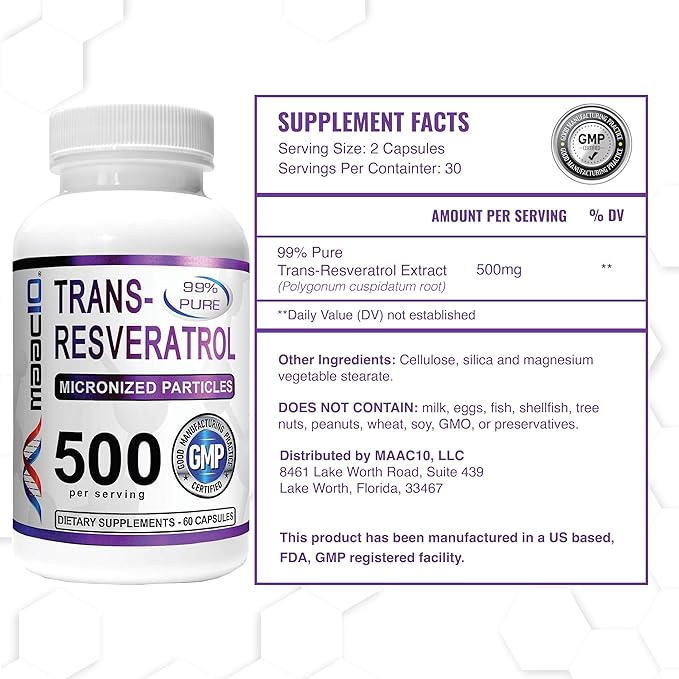 MAAC10 - Trans Resveratrol 500mg 3-Pack (Micronized Pharmaceutical Grade 99% Pure Trans-Resveratrol Extract + BioPerine for Superior Absorption).