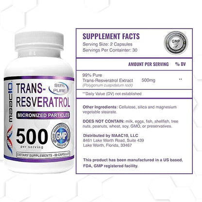 MAAC10 - Trans Resveratrol 500mg 3-Pack (Micronized Pharmaceutical Grade 99% Pure Trans-Resveratrol Extract + BioPerine for Superior Absorption).