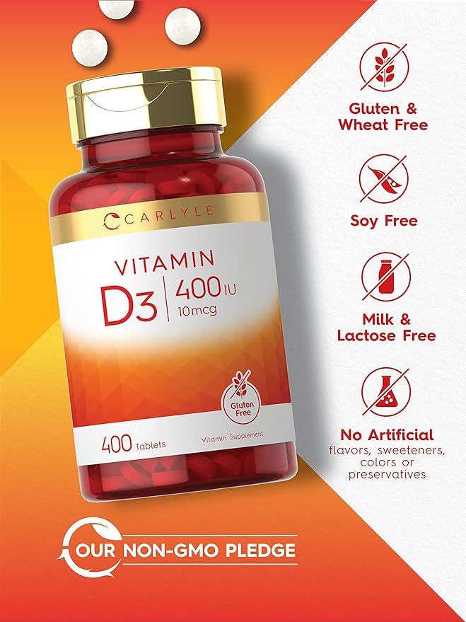 Carlyle Vitamin D3 | 400iu (10mcg) | 400 Tablets | Value Size | Vegetarian, Non-GMO, and Gluten Free Formula | Vitamin D Supplement