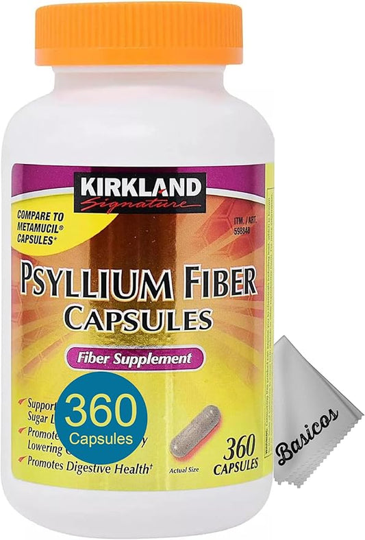 Kirkland Psyllium Fiber Capsules 360-count, Digestive Health, Supports Regularity, Plus 1 Cleaning Cloth