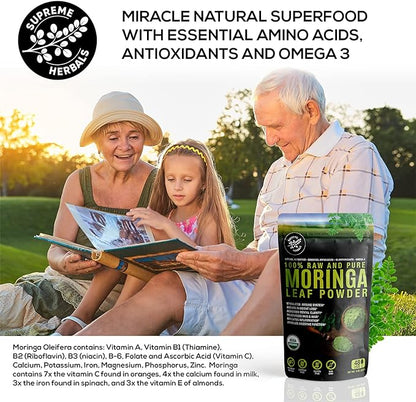 100% Raw and Pure Moringa Leaf Powder. Organic Certified Moringa Leaf. Natural Superfood with Essential Amino Acids, Antioxidants, and Omega 3, 8 oz Resealable Bag.