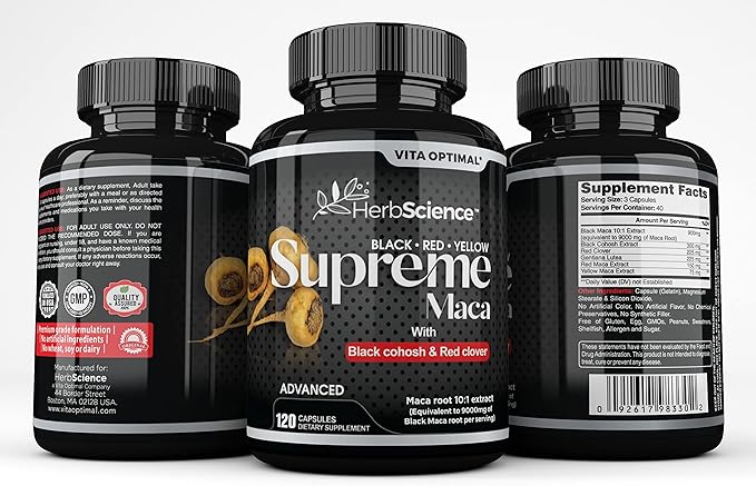 Supreme Maca Capsules 9000 mg, Powerful Black Maca Root Extract, Premium Strength - with Red Maca, Yellow Maca, Black Cohosh, Red Clover & More - Extremely Potent, 120 Capsules