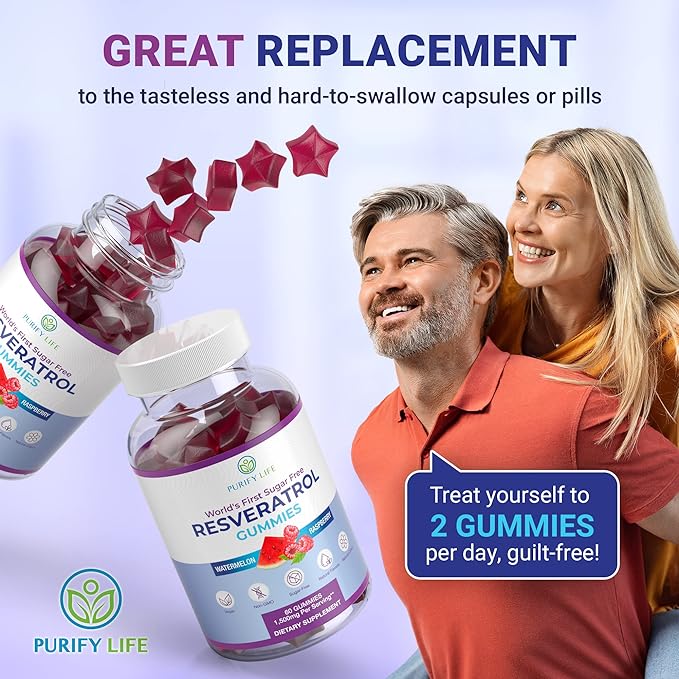 Purify Life Sugar-Free Resveratrol Gummies - Potent 1500mg Resveratrol Supplement to Support Digestive & Immune Health - Resveratrol Supplement for Antioxidant Support, Cell Regenerator & Repair