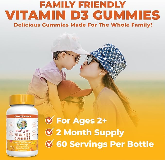 MaryRuth Organics Vitamin D3 Gummies, 2 Month Supply, Adults & Kids Gummies, Immune Support Supplement, Vitamin D3 1000IU for Bone Health & Muscle Function, Vegan, Non-GMO, Gluten Free, 60 Count