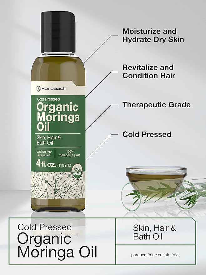 Horbäach Organic Moringa Oil | 4 fl oz | for Face, Hair, and Skin | 100% Therapeutic Grade | Paraben and Sulfate Free, Non-GMO