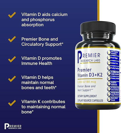 Premier Research Labs: Vitamin D3 + K2 Supplements | for Bone Support and Promotes Heart Health, Gluten-Free - 5000 IU Vegan Supplements - Tested Quality | 30 Plant-Source Based Capsules