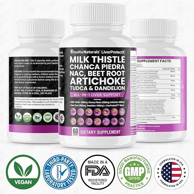 Milk Thistle 3000mg NAC Chanca Piedra 2000mg Beet Root 3000mg Artichoke 2000mg Dandelion 1000mg - Liver Health Support, Cleanse Detox & Repair Supplement Plus TUDCA Choline and Ginger Vegan Caps USA