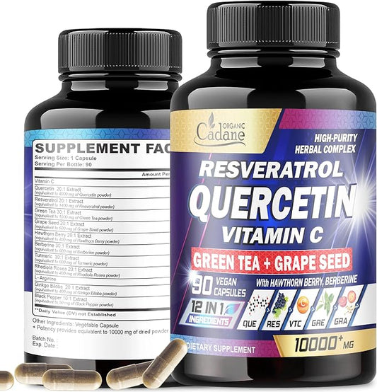 Organic Cadane Quercetin Supplements 10000mg - Body Mangement, Immune System & Joint Support - 12in1 Blended with Resveratrol, Vitamin C, Green Tea, Turmeric & More - 90 Superfood Capsules