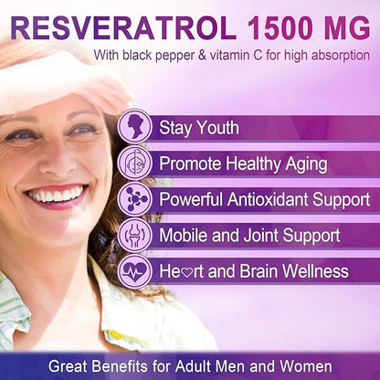 Resveratrol Gummies 1500mg - Sugar Free Resveratrol Supplement with Quercetin, Grape Seed, Acai Berries Extracts Support Antioxidant, Healthy Aging & longevity, Skin, Joint, Brain Wellness - Vegan