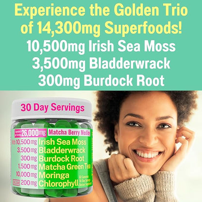 Moringa Irish Sea Moss Chlorophyll EGCg Green Tea Burdock Root Bladderwrack Super Greens Gummies, Powder Capsules Pills Liquid Drops Oil Tincture Supplement Supplements Alt, Organic Green Seamoss