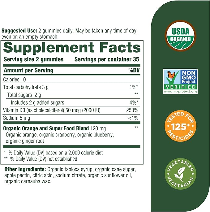 MegaFood Vitamin D3 Gummies 2000 IU (50 mcg) - Vitamin D Gummies Mixed Fruit Flavor, Bone, Muscle & Immune Support Supplement, Vegetarian, Gluten-Free, USDA Organic – 70 Gummies, 35 Servings