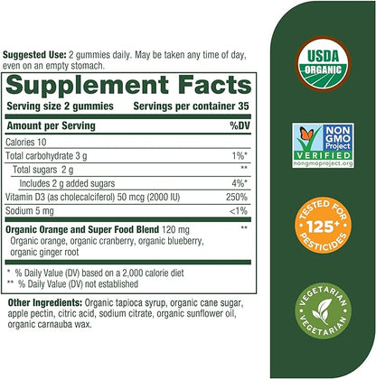 MegaFood Vitamin D3 Gummies 2000 IU (50 mcg) - Vitamin D Gummies Mixed Fruit Flavor, Bone, Muscle & Immune Support Supplement, Vegetarian, Gluten-Free, USDA Organic – 70 Gummies, 35 Servings