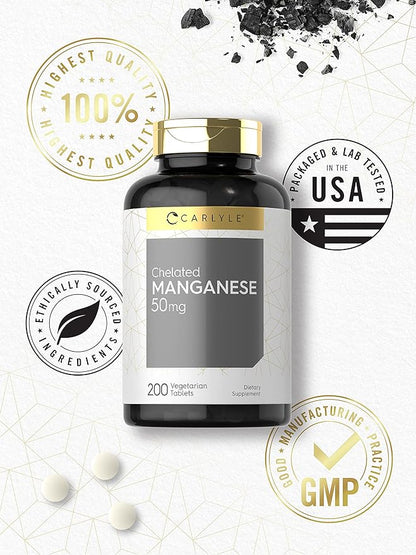 Carlyle Chelated Manganese | 200 Tablets | Vegetarian, Non-GMO, Gluten Free Supplement