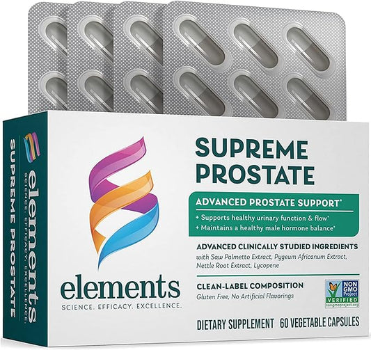 Elements Supreme Prostate, 60 Capsules (30 Day Supply), Advanced Prostate Support Supplement, Supports Healthy Urinary Flow and Function, Gluten Free, Non- GMO Certified