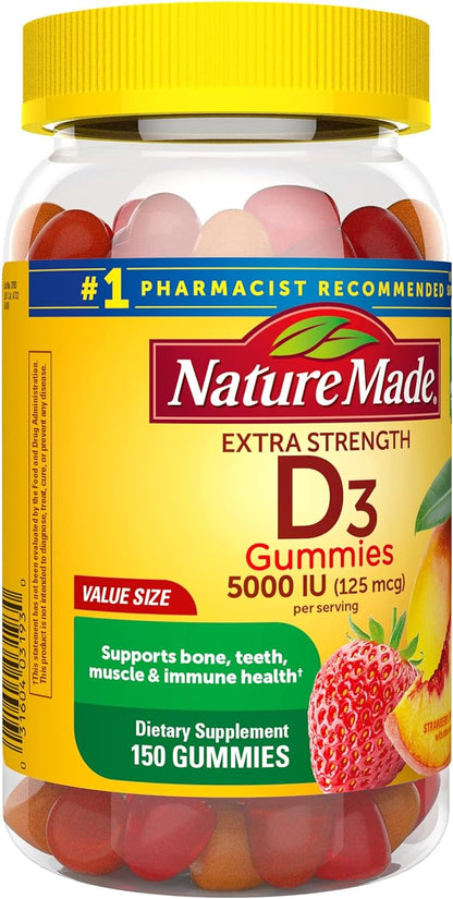 Nature Made Extra Strength Vitamin D3 5000 IU (125 mcg) per serving, Dietary Supplement for Bone, Teeth, Muscle and Immune Health Support, 150 Gummies, 75 Day Supply