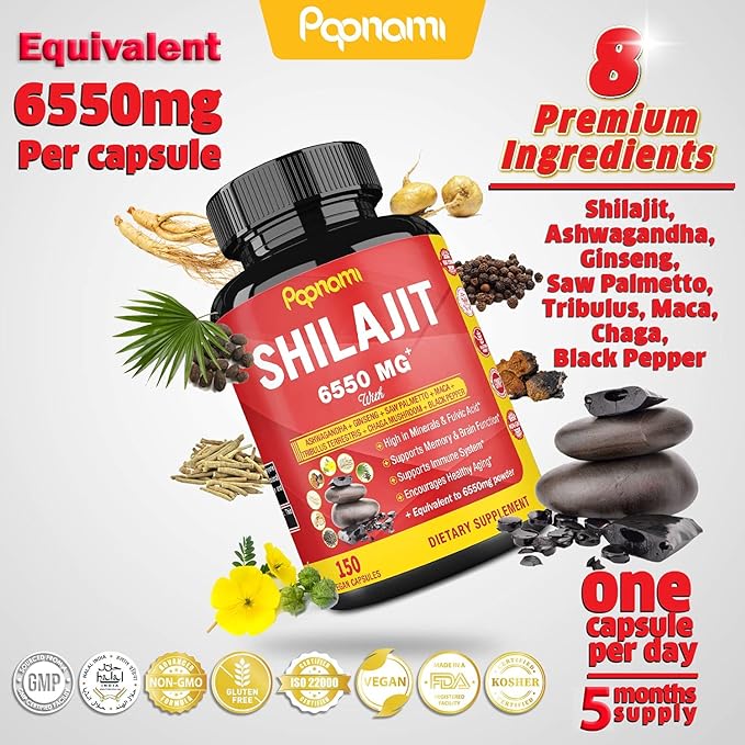 Shilajit Himalayan Supplement - 6550mg 150 Capsules Combined Ashwagandha, Ginseng, Saw Palmetto, Maca, Tribulus, Chaga & Black Pepper - 5 Month Supply for Strength, Stamina, Brain & Immune Health