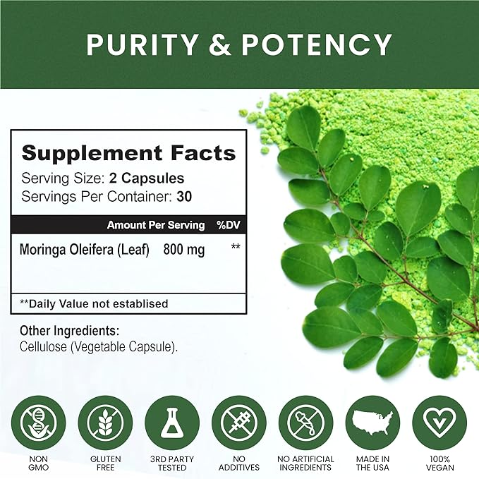 Moringa Capsules, 800mg Organic Moringa Oleifera Leaves Powder Superfood Greens Pure Moringa Pills is A Vegan, Non-GMO Energy Booster and Immune Support Supplement. (3)