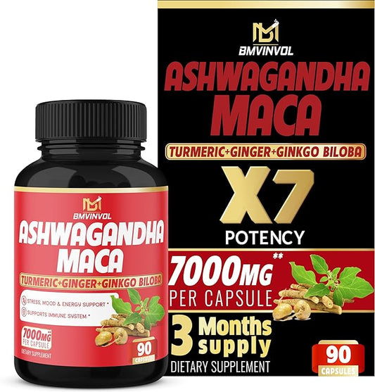 (3 Month Supply) Ashwagandha Maca Root Supplement - 7000mg Herbal Equivalent with Turmeric Ginger - Supports Mood & Strength - Ashwagandha Capsules Maca Pills