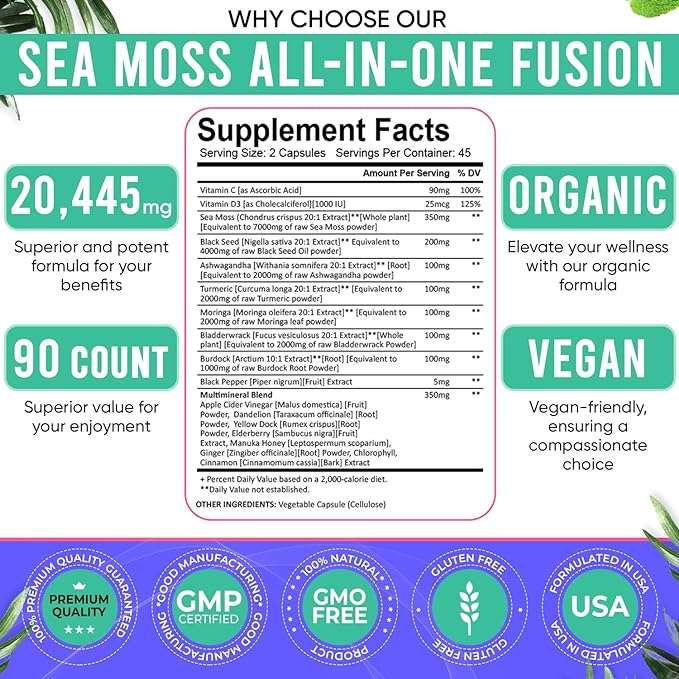 Sea Moss Black Seed Oil Ashwagandha Ginger Capsules. Sea Moss Capsules with Black Seed Oil, Ashwagandha, Turmeric, Moringa, Bladderwrack, Burdock Root, Manuka Honey, Cinnamon. 18-in-1 20’445 mg/Serv