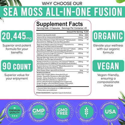 Sea Moss Black Seed Oil Ashwagandha Ginger Capsules. Sea Moss Capsules with Black Seed Oil, Ashwagandha, Turmeric, Moringa, Bladderwrack, Burdock Root, Manuka Honey, Cinnamon. 18-in-1 20’445 mg/Serv