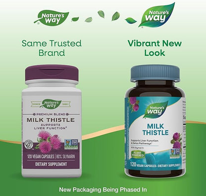 Nature's Way Milk Thistle, Supports Liver Function and Detoxification Pathways*, 175 mg Milk Thistle Seed Extract Standardized to 80% Silymarin per Serving, 120 Capsules (Packaging May Vary)