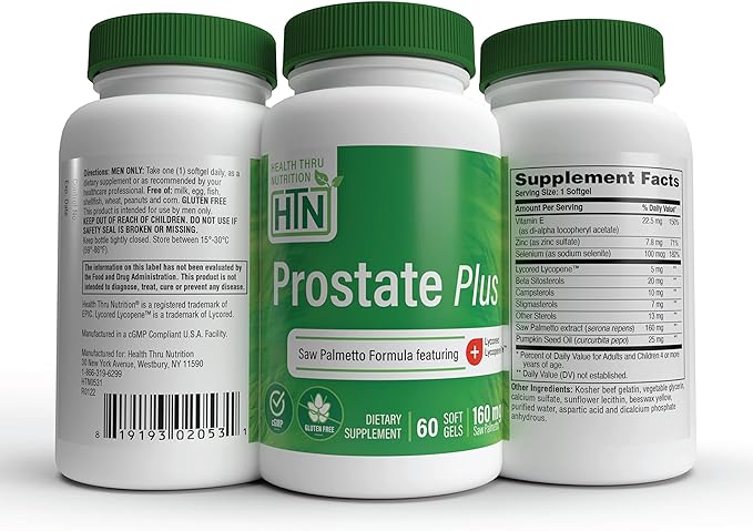 Health Thru Nutrition Prostate Plus with Saw Palmetto Extract, Lycopene as Lycored, Plant Sterols, Selenium, Zinc and Pumpkin Seed | Complete Prostate Support | Non-GMO & Gluten Free (Pack of 60)