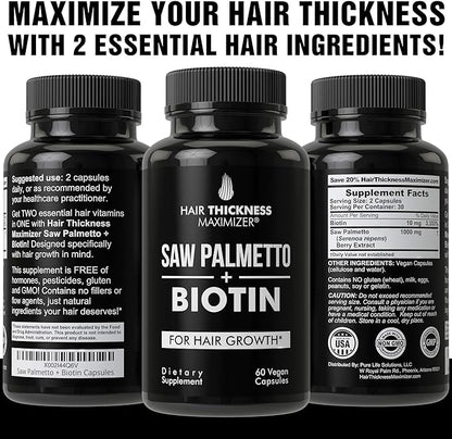 Saw Palmetto + Biotin Advanced 2-in-1 Combo for Hair Growth. Vegan Capsules Supplement with Natural Saw Palmetto Extract + 10000mcg Biotin. Hair Loss and Regrowth Pills for Men and Women. DHT Blocker