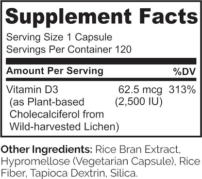 NATURELO Vitamin D - 2500 IU - Plant Based from Lichen - Natural D3 Supplement for Immune System, Bone Support, Joint Health - Vegan - Non-GMO - Gluten Free - 120 Capsules