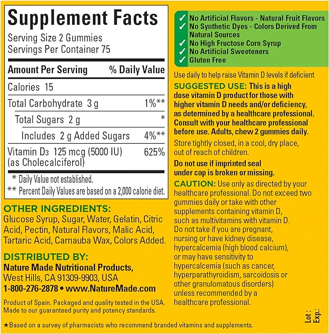 Nature Made Extra Strength Vitamin D3 5000 IU (125 mcg) per serving, Dietary Supplement for Bone, Teeth, Muscle and Immune Health Support, 150 Gummies, 75 Day Supply