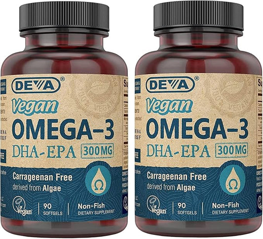 DEVA Vegan DHA-EPA Nutritional Supplement, Non-Fish Derived from Algae, 300 mg Potency, 90 Vegetarian Softgels - Pack of 2