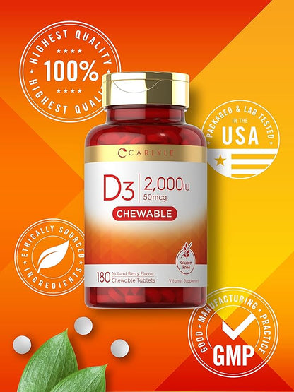 Carlyle Chewable Vitamin D3 2000 IU (50mcg) Tablets | 180 Count | Berry Flavor | Vegetarian, Non-GMO and Gluten Free