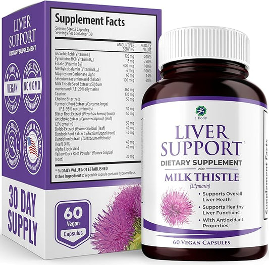 1 Body Liver Support Supplement - Liver Cleanse & Repair - Milk Thistle, Turmeric, Dandelion, Artichoke, VIT B12 & More - 60 Vegan Silymarin Capsules