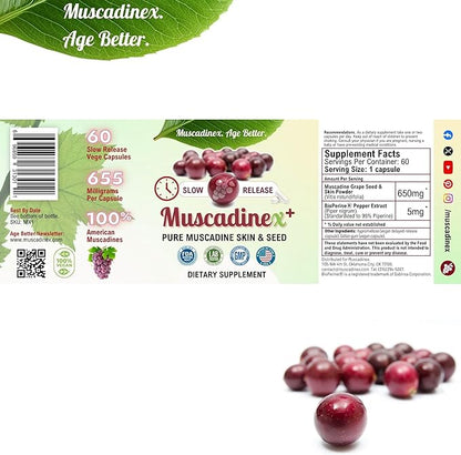 USA Muscadine Quercetin, Ellagic Acid, Resveratrol, Myricetin, Kaempferol. Plus BioPerine with Time Release Capsules for Extra Bioavailability. Vegan. Non GMO. Made in USA.