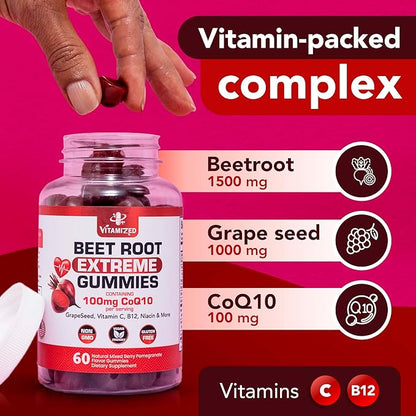 Extreme Beetroot Formula & COQ10 100mg with Grape Seed Extract, for Circulation Energy & Flow, 1500mg Beet Root Gummies Extract Gluten Free 60