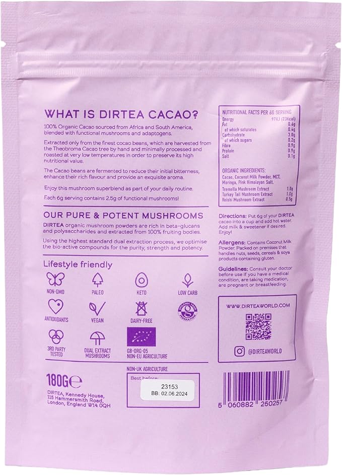 Mushroom Cacao Blend | 100% Organic | Vegan | Non GMO | Supports Immune Health | Promotes Deep Sleep & Focus | with Lion's Mane, Tremella, Reishi, MCT and Moringa | 180g - 30 Servings