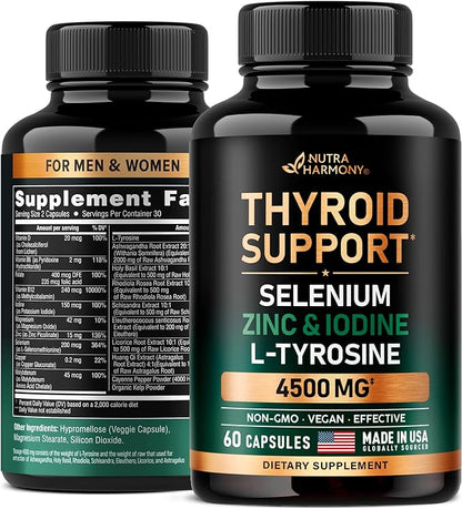 Thyroid Support for Women - Selenium 200 mcg | Zinc & Iodine | L-Tyrosine | Magnesium | Adaptogen Herbs - 20-in-1 Antioxidant & Immune Support - Vegan, NON-GMO, Lab Tested - 60 Capsules, Made in USA