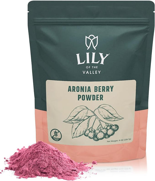 Lily of the Valley Aronia Berry Powder - Ideal for Smoothies & Shakes - Superfood Berry - High in Flavonoids - Water Soluble - Vegan & Gluten-Free - Packed in Resealable Pouch (8oz, 226g)