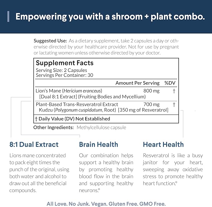 Lions Mane and Resveratrol, 800 mg of Lions Mane Extract, Plant-Based Trans Resveratrol, Brain Supplement for Brain Health Support, Doctor's Choice, 60 ct.