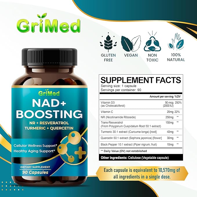 NAD + Boosting 16,550mg- x12 Power with NR + Resveratrol Turmeric + Quercetin - Cellular Energy, Cellular Repair, Healthy Aging - USA Made & Tested (90 Count (Pack of 1))