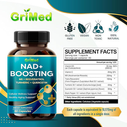 NAD + Boosting 16,550mg- x12 Power with NR + Resveratrol Turmeric + Quercetin - Cellular Energy, Cellular Repair, Healthy Aging - USA Made & Tested (90 Count (Pack of 1))