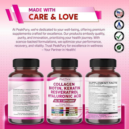 Collagen 12000mg Biotin 10,000mcg Resveratrol 3000mg Saw Palmetto 2000mg - Skin, Joint Health Support - Made in USA