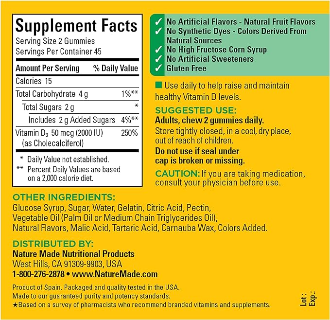 Nature Made Vitamin D3 2000 IU (50 mcg) per serving, Dietary Supplement for Bone, Teeth, Muscle and Immune Health Support, 90 Gummies, 45 Day Supply