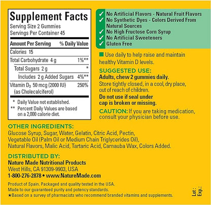 Nature Made Vitamin D3 2000 IU (50 mcg) per serving, Dietary Supplement for Bone, Teeth, Muscle and Immune Health Support, 90 Gummies, 45 Day Supply