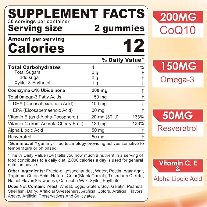 Sugar Free CoQ10 Filled Gummies 200mg, 5X Better Absorption CoQ10 w/Resveratrol, Alpha Lipoic Acid, Omega-3, Vitamin E, C, Coenzyme Q10 for Cellular Energy, Heart, Brain, and Antioxidant Support,2Pack