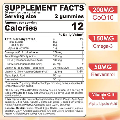 Sugar Free CoQ10 Filled Gummies 200mg, 5X Better Absorption CoQ10 w/Resveratrol, Alpha Lipoic Acid, Omega-3, Vitamin E, C, Coenzyme Q10 for Cellular Energy, Heart, Brain, and Antioxidant Support,2Pack