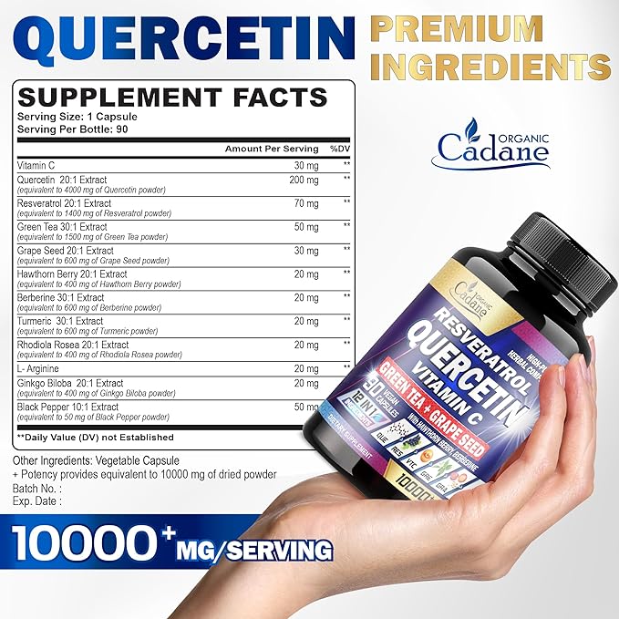 Organic Cadane Quercetin Supplements 10000mg - Body Mangement, Immune System & Joint Support - 12in1 Blended with Resveratrol, Vitamin C, Green Tea, Turmeric & More - 90 Superfood Capsules