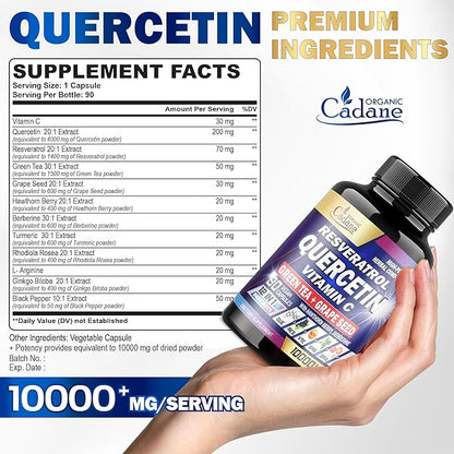 Organic Cadane Quercetin Supplements 10000mg - Body Mangement, Immune System & Joint Support - 12in1 Blended with Resveratrol, Vitamin C, Green Tea, Turmeric & More - 90 Superfood Capsules